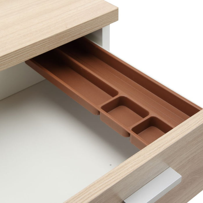VECTRA mobile pedestal drawer interior with partitioned tray, light wood rails