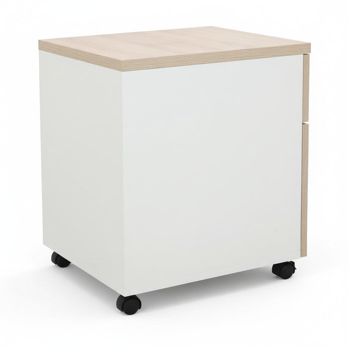 VECTRA mobile pedestal cabinet with light wood top, white sides, caster wheels