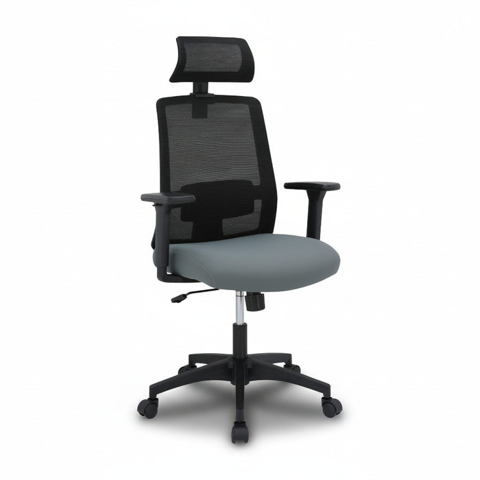 Executive chair with mesh back, adjustable headrest, grey seat, black armrests and casters.