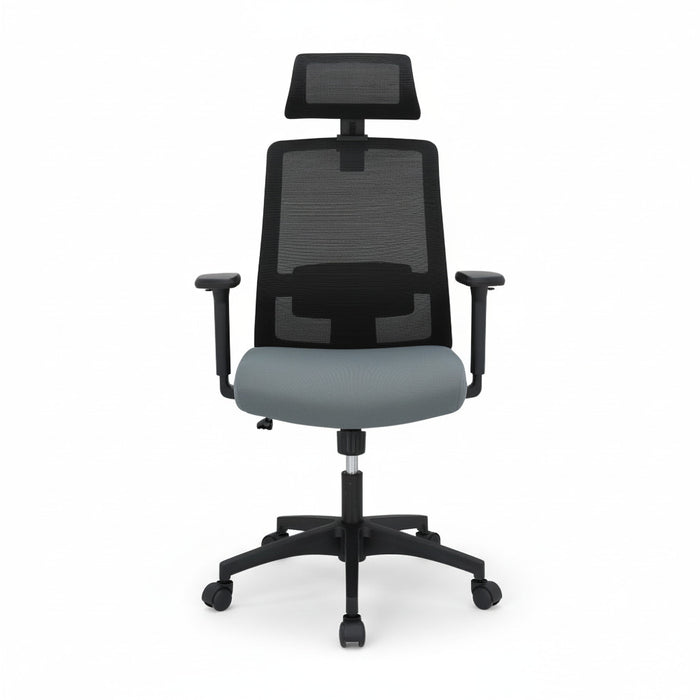 Executive chair with mesh back and headrest, grey padded seat, black base and swivel legs.