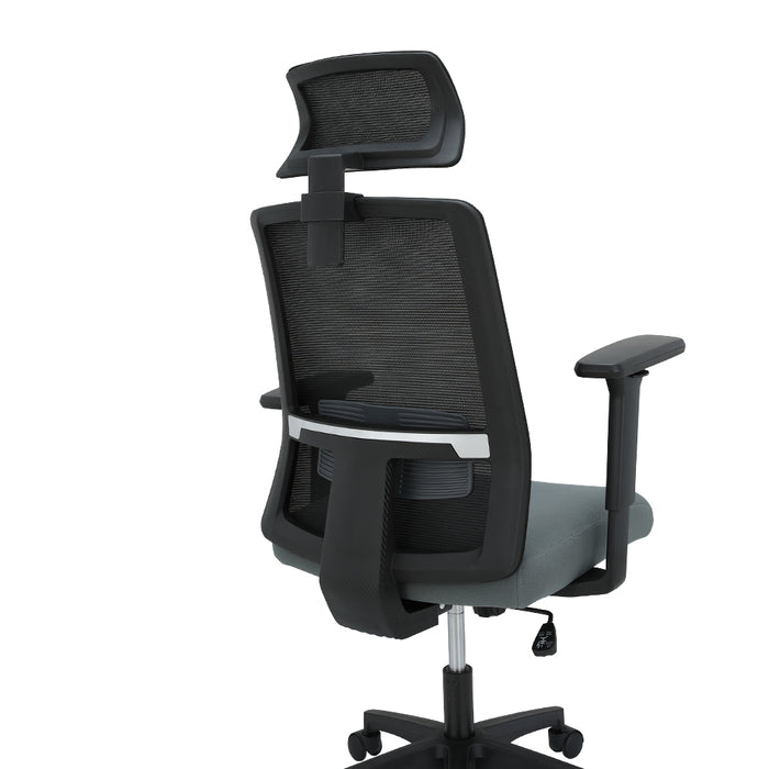 Executive chair side view, black mesh back with headrest, grey seat cushion, armrests.