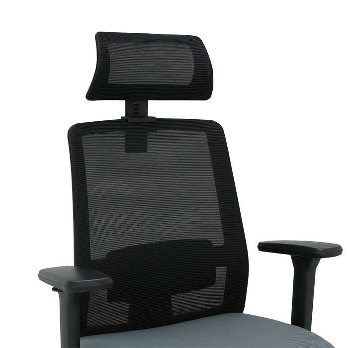 Executive chair front view, black mesh back and headrest, grey seat cushion, armrests.