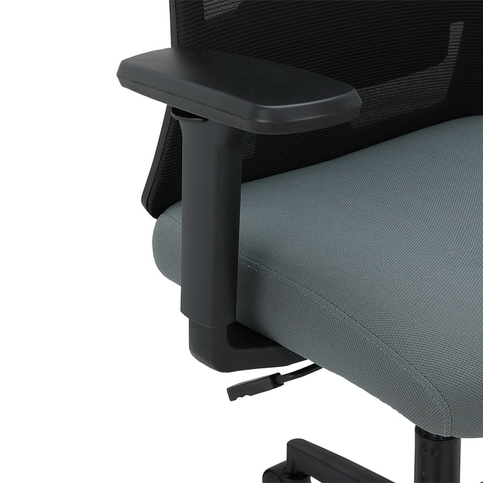 Executive chair arm and seat close-up, grey padded upholstery and black arm support.