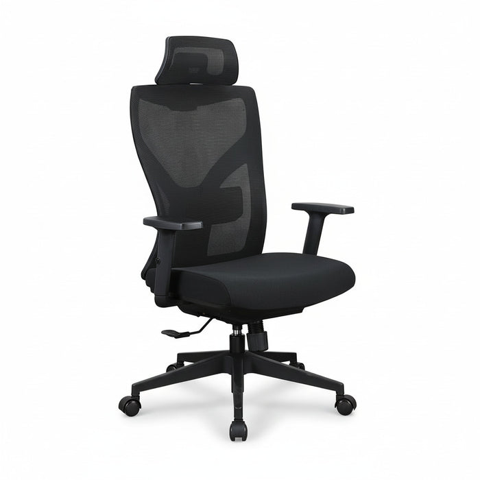 Black executive office chair with mesh back, padded seat, and armrests