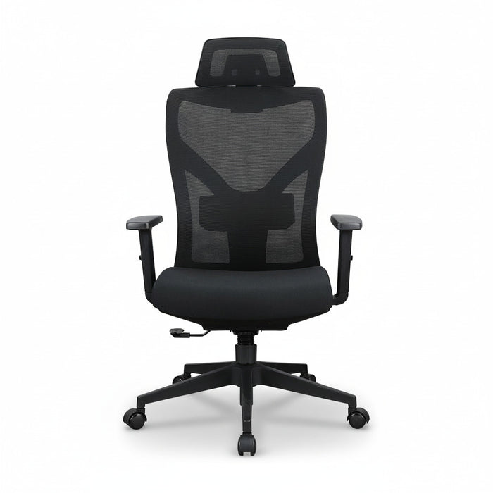 Black executive office chair, front view with mesh back and padded seat