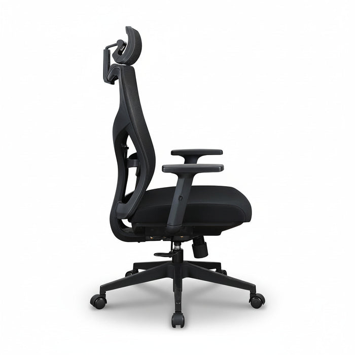 Black executive office chair with mesh back and padded seat on rolling base