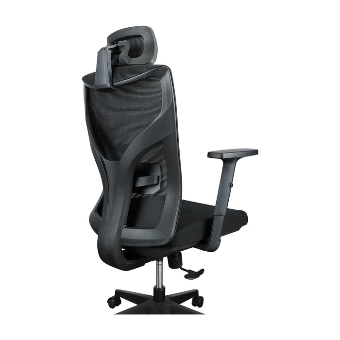 Black executive office chair, side angle with adjustable armrests and mesh back