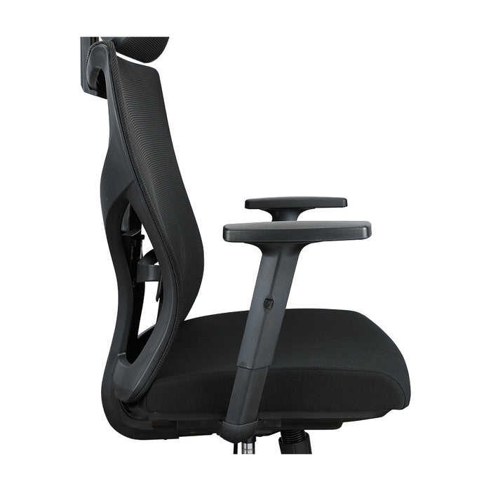 Black executive office chair side view, cushioned seat and contoured arm supports